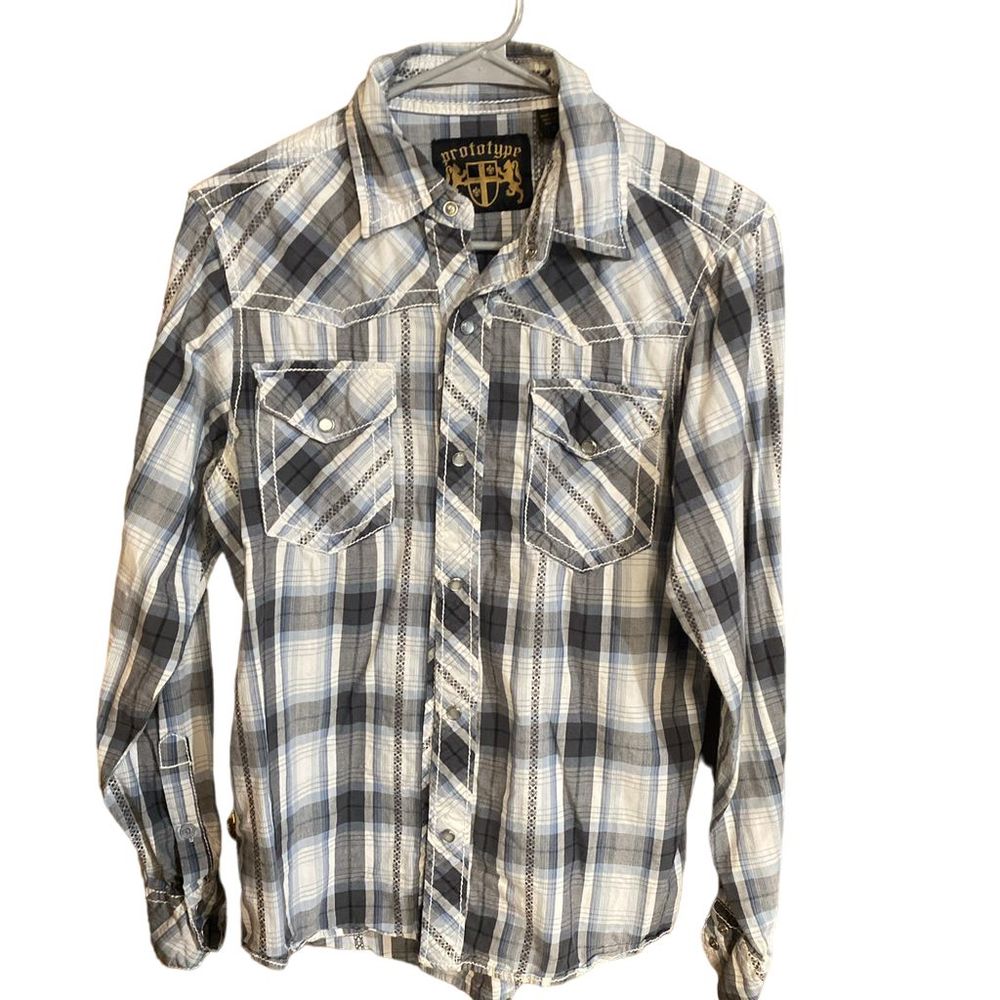 Prototype Men's Small Blue Plaid Long Sleeve Western Shirt Pearl Snaps Cotton